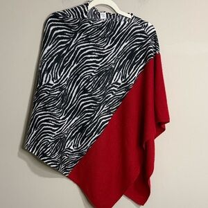 Kinross Cashmere Black and Red Zebra Print Poncho